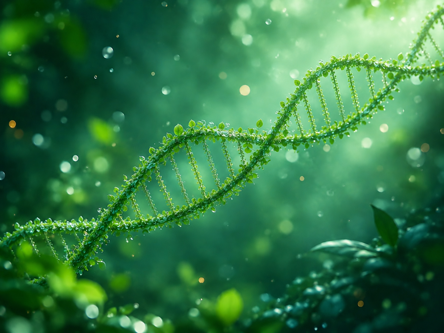 Close-up of a DNA helix structure formed by green plant leaves and stems, dew drops on the surface, with a bright, blurred green background.