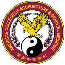 American College of Acupuncture and Oriental Medicine logo featuring a yellow eagle, yin-yang symbol, and mountain background all within a maroon and gold circular border.