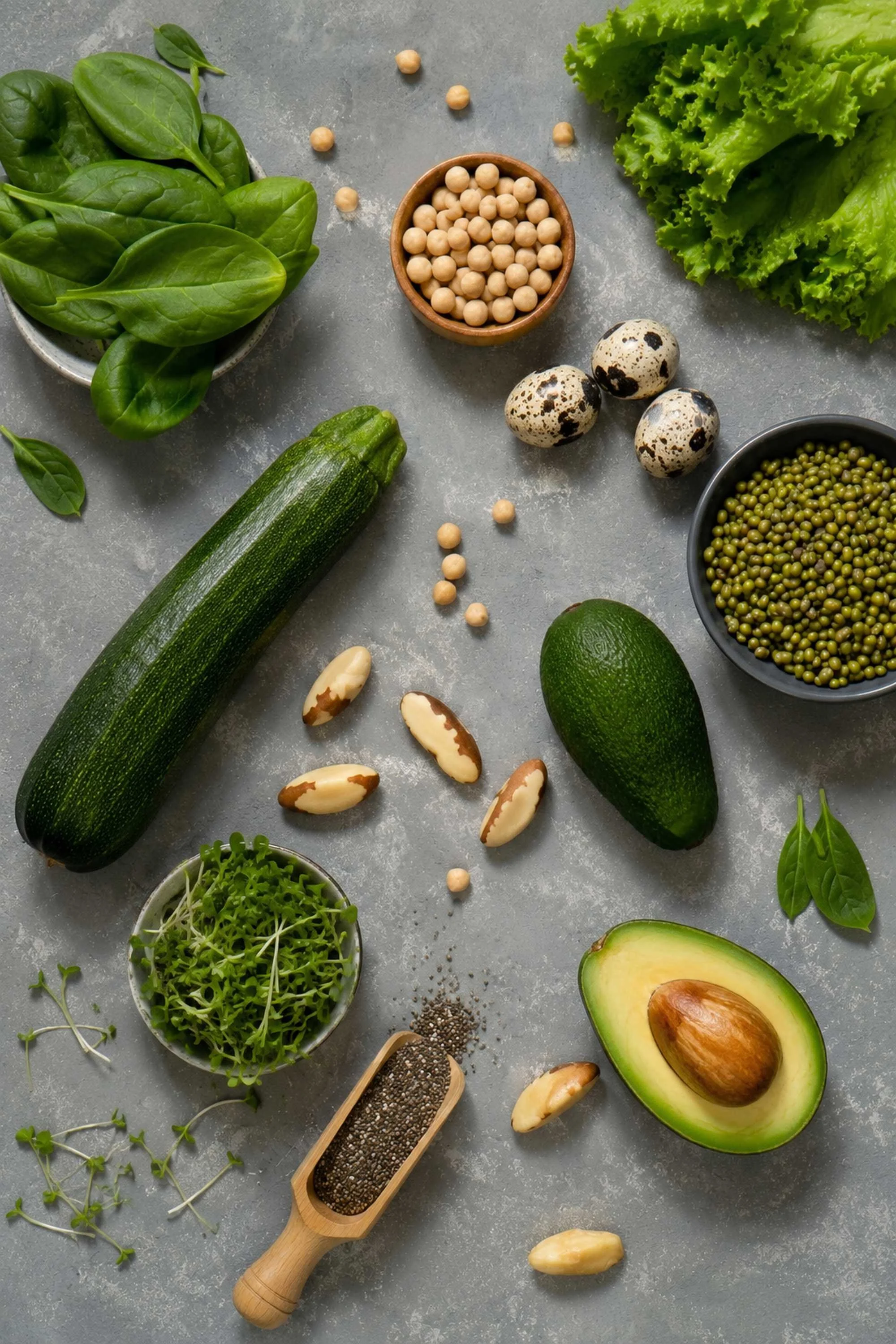 Fresh green vegetables, beans, avocado, seeds, and herbs on a gray surface.