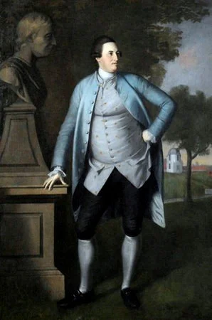 A painting of a man in 18th-century attire standing outdoors with trees and a house in the background, and a bust sculpture on a pedestal to his left.