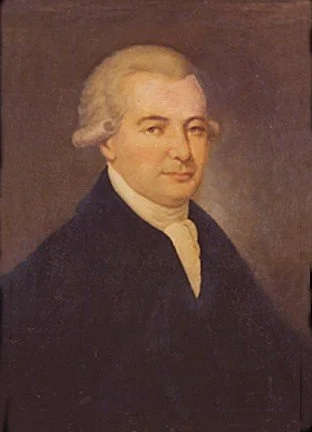 A portrait painting of a man with white hair, wearing a dark coat over a white shirt.