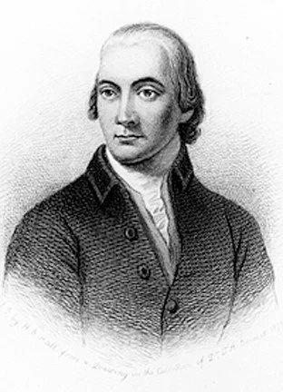 Black and white portrait of a man in period clothing from the 18th or 19th century.