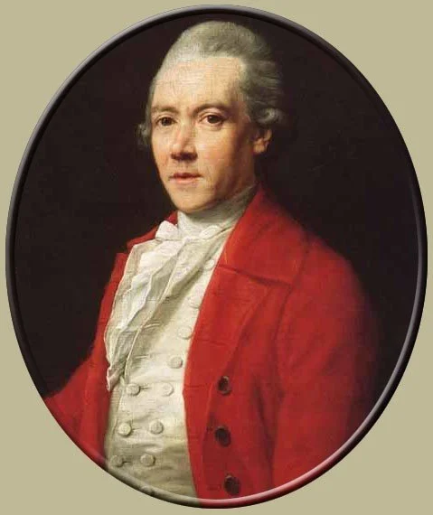 Portrait of a man with white hair wearing a white cravat and a red coat against a dark background.