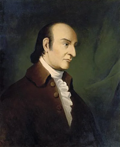 A portrait painting of a man with a serious expression, wearing 18th-century clothing, set against a dark green background.