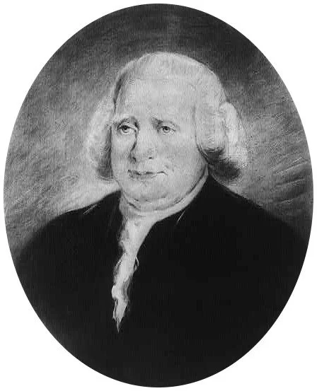 Black and white portrait of Benjamin Franklin, an older man with long, curly hair, wearing a dark coat and white shirt with a high collar.