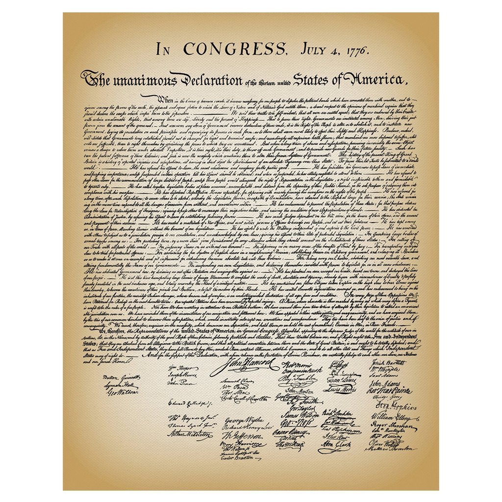 The Declaration of Independence dated July 4, 1776, with signatures at the bottom.
