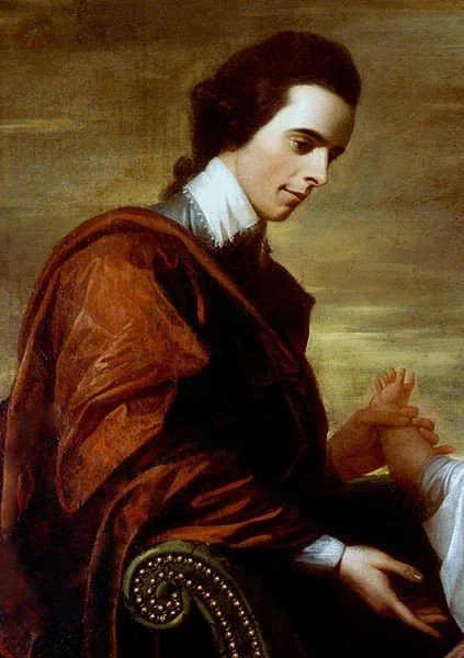 Painting of a woman with dark hair in a bun, wearing a white shirt and a reddish-brown shawl, holding a baby's foot.