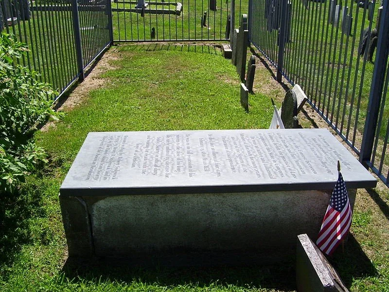 A grave with a flat stone headstone, surrounded by a black metal fence, with an American flag placed beside it, situated in a green grassy area.