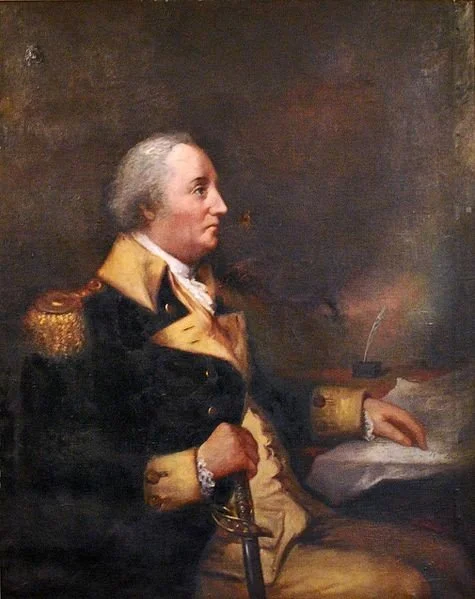 Portrait of a military general sitting at a desk with a quill, wearing a dark uniform with gold epaulets, in a historical painting style.