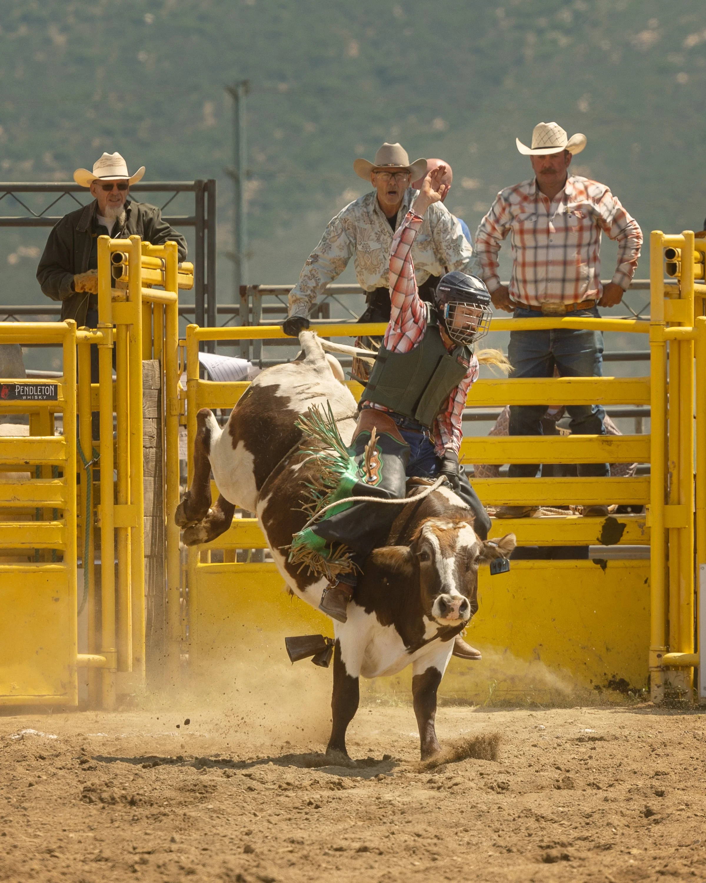A rodeo scene showing a cowboy in a helmet riding a bucking bull, with an arena in the background, and four cowboys observing behind yellow metal gates.
