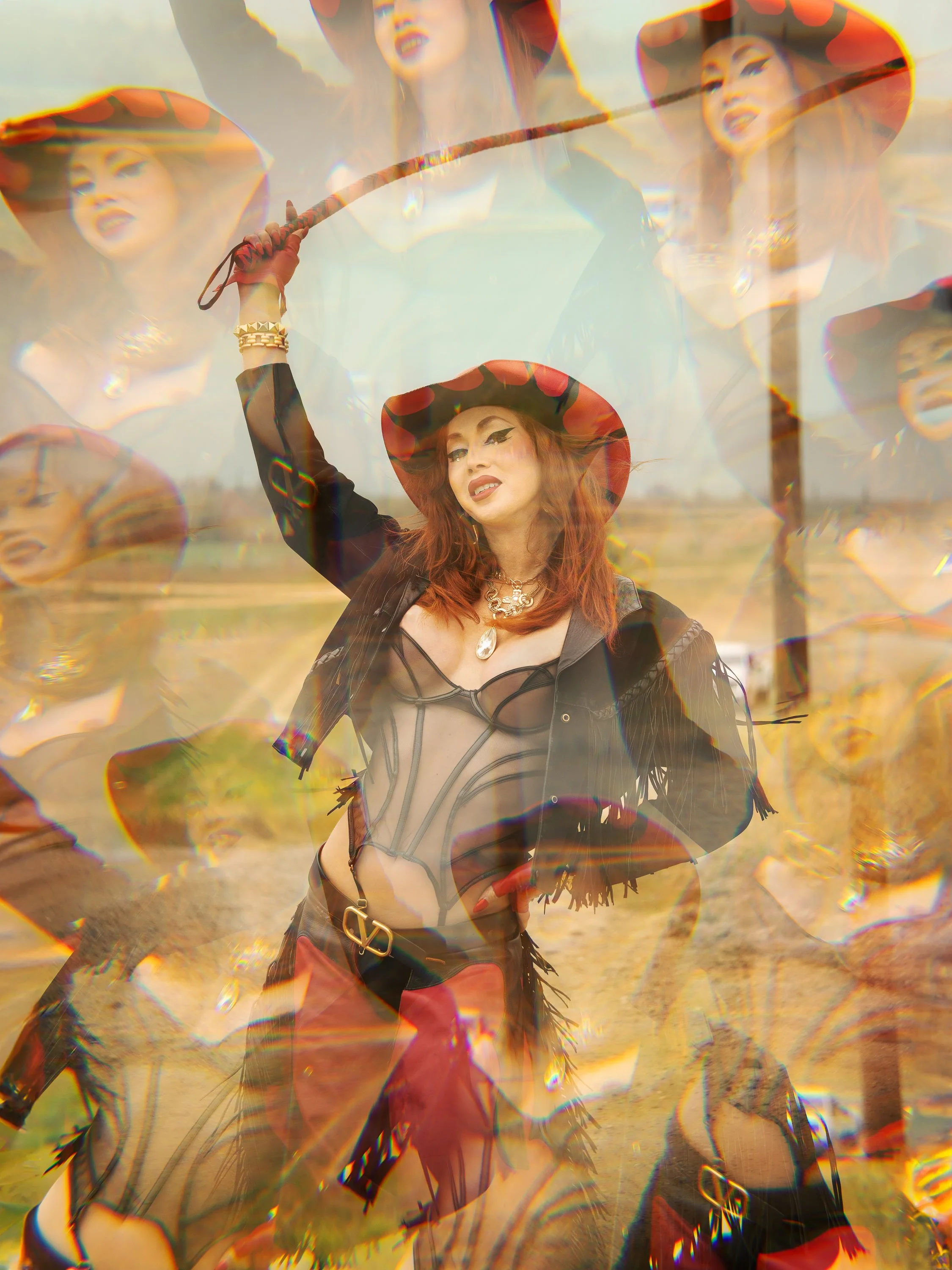 A woman in a cowboy hat and sheer black outfit holding a whip, with multiple overlayed images creating a psychedelic effect.