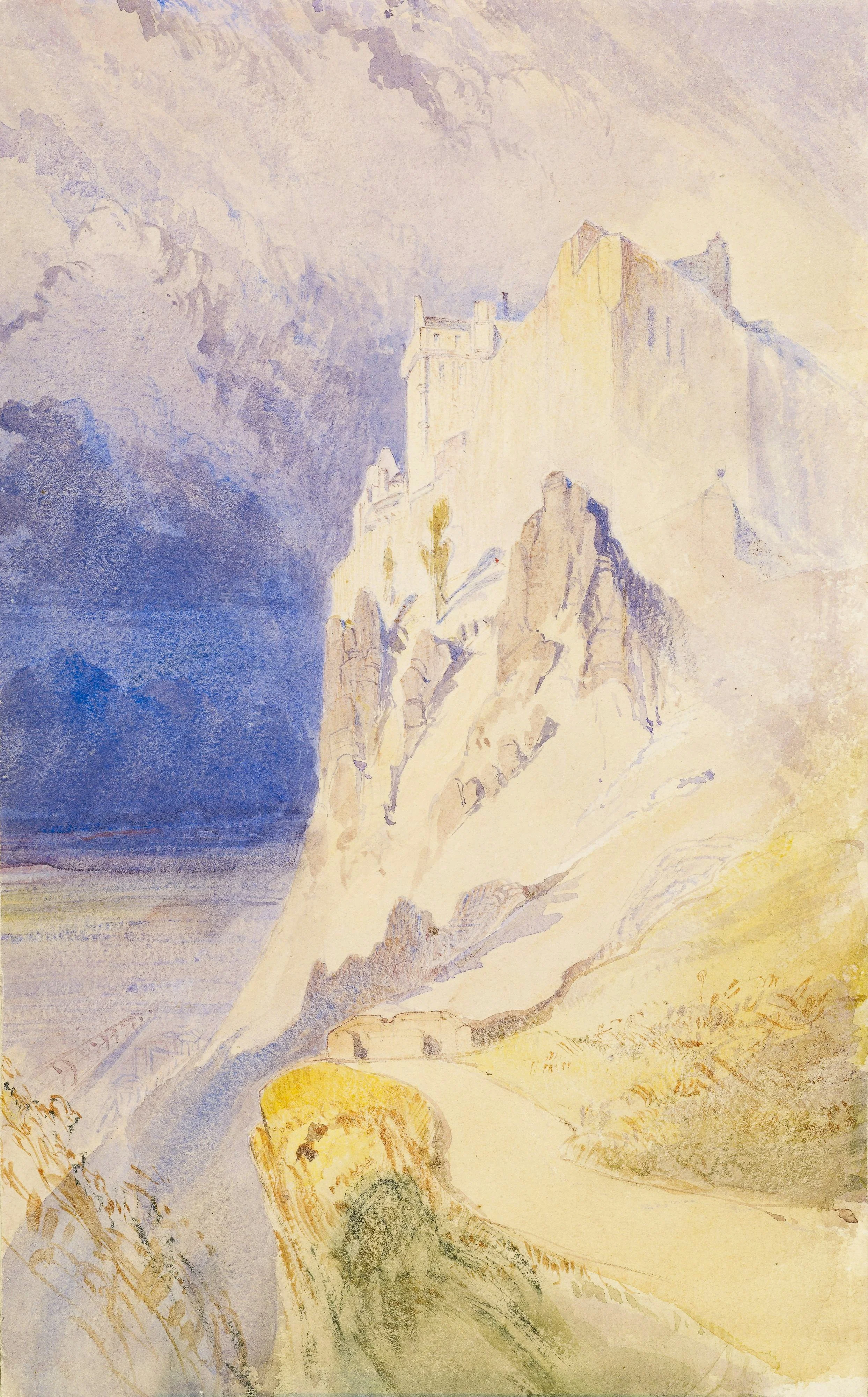 A watercolor painting of a distant castle on a rocky cliff overlooking the sea, with a cloudy sky in the background.