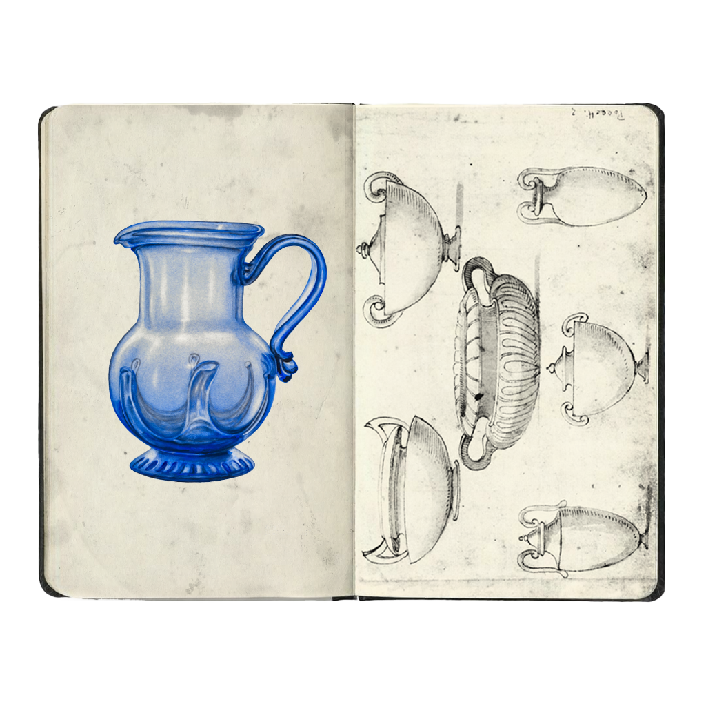 A sketchbook open to a page with a colored drawing of a blue glass pitcher on the left and detailed sketches of similar pitchers in pencil on the right.
