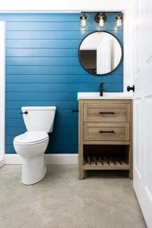Small bathroom with a white toilet and a wooden vanity with a black faucet, blue shiplap wall, round mirror, and light fixture above.