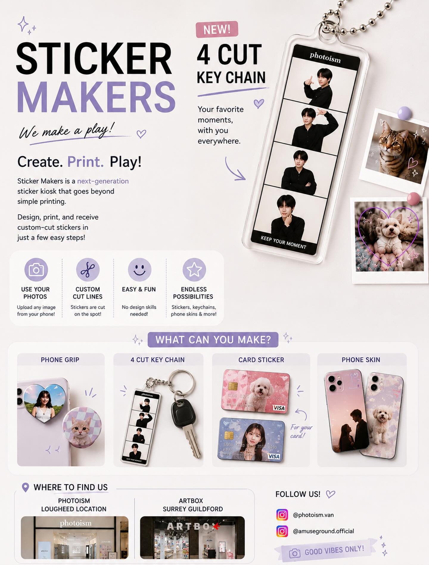 ✨ STICKER MAKERS HAS ARRIVED! ✨

Turn your favorite photos into custom merch in just a few minutes 💜

📸 How does it work?

1️⃣ Upload your photo

2️⃣ Choose a template or create your own design

3️⃣ Select your product

4️⃣ Print instantly and take