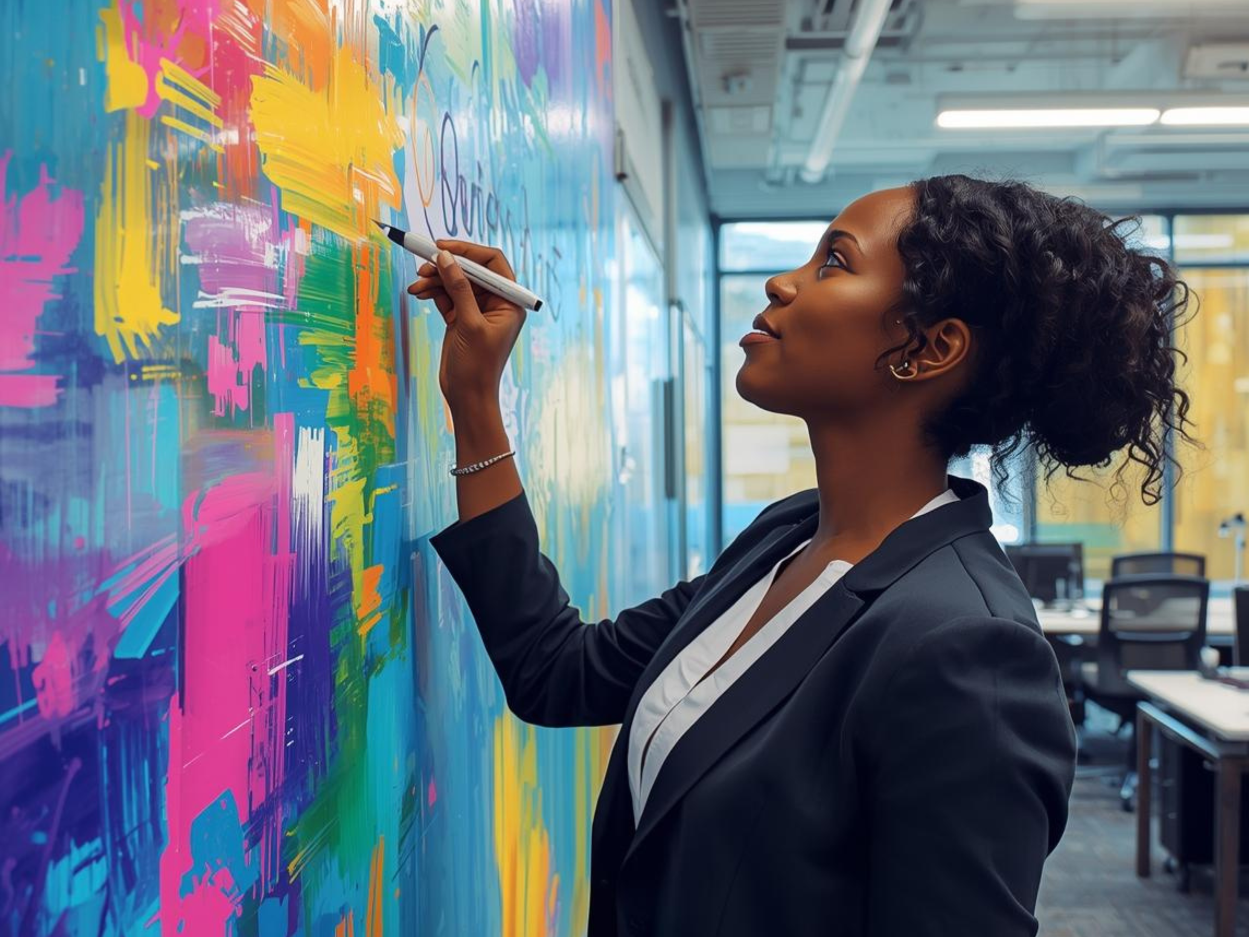 A woman in a business suit writing on a colorful abstract mural with a marker in an office setting.