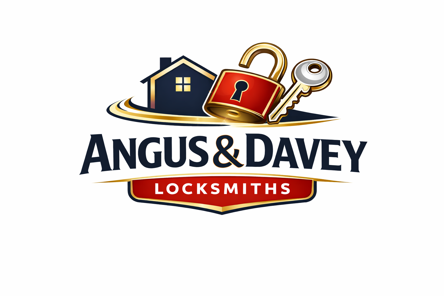 Logo for Angus & Davey Locksmiths featuring a house, a padlock, and a key.