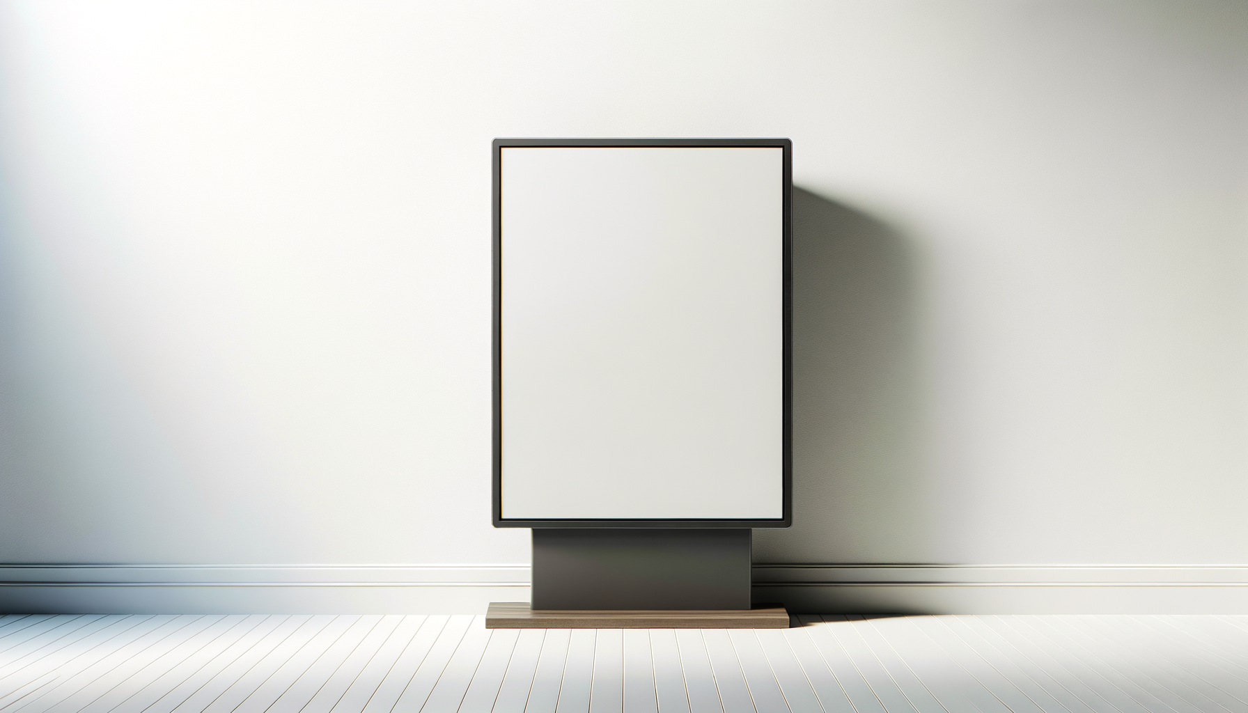 A digital advertising billboard with a blank white screen, standing against a plain wall with a shadow cast to the right.