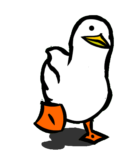 Cartoon illustration of a duck with orange feet standing on a white background