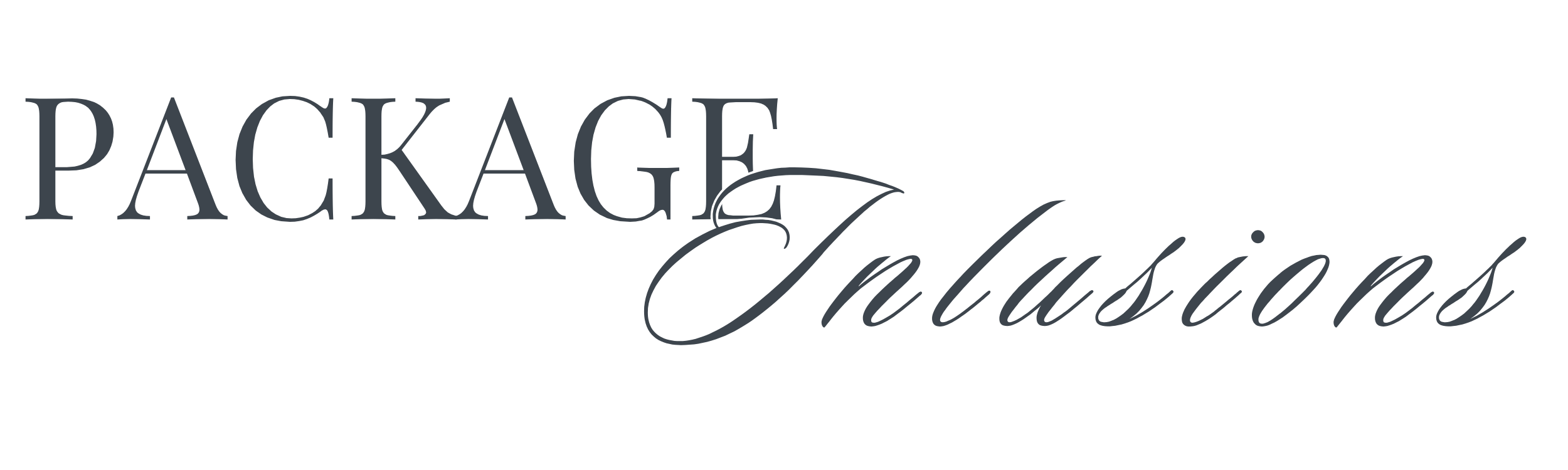 Logo with the text 'Package Inclusions' in large serif font and cursive script.