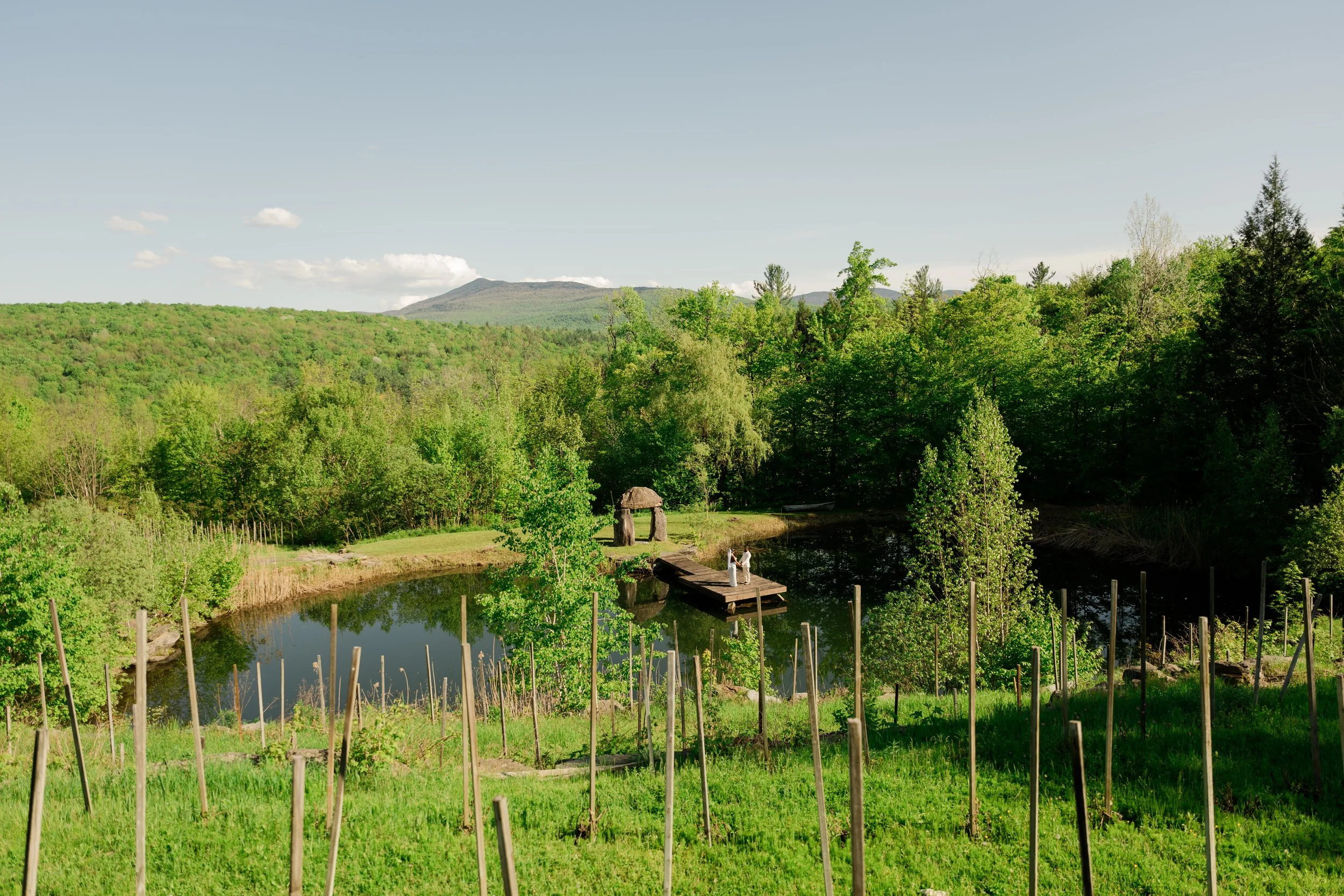 A lush green landscape with a small pond, trees, and distant mountains under a clear blue sky. There is a wooden dock with two people standing on it, and a small structure resembling a gateway near the pond.