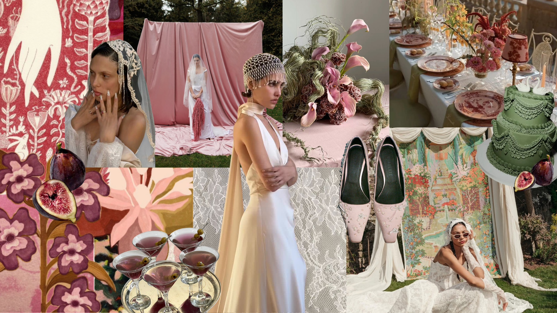 Collage of scenes with women in white dresses, pink and floral decor, and vintage-style settings, including a table setting, floral arrangements, and fashion accessories.