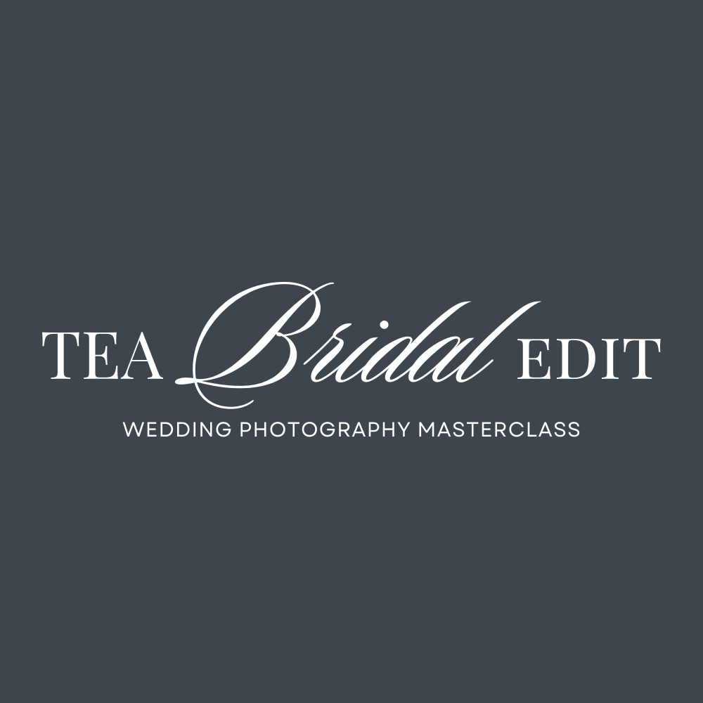 Text graphic promoting a wedding photography masterclass called 'Tea Bridal Edit' with a dark background and elegant white font.