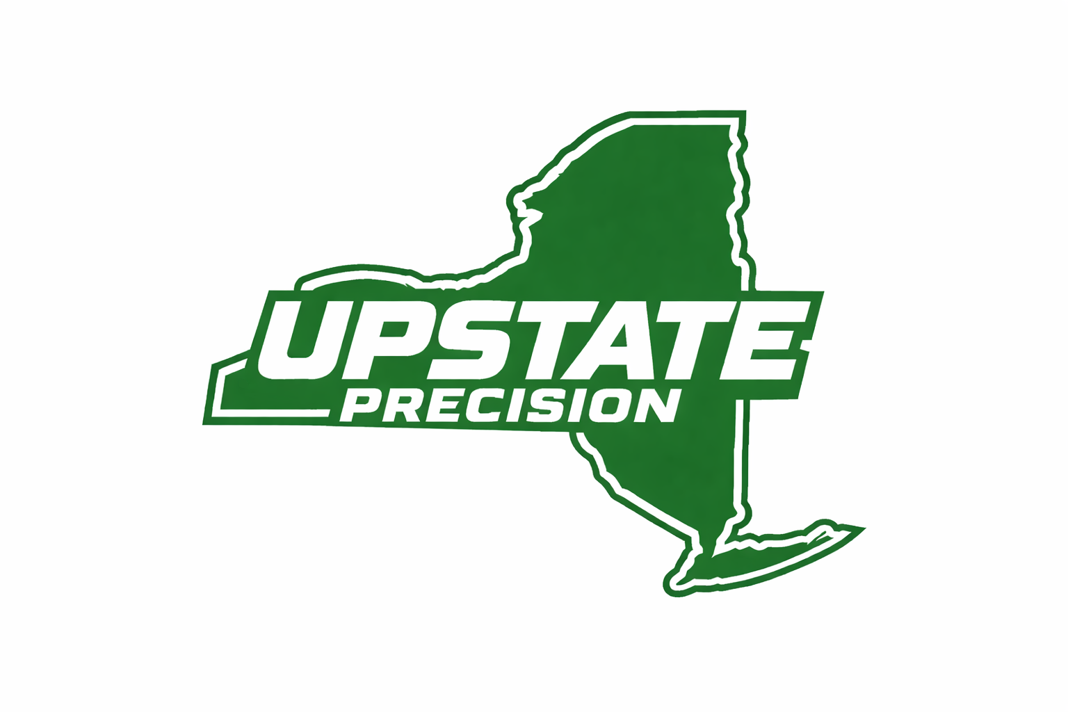 Green outline of the state of New York with the words 'Upstate Precision' in white and green text overlaying the outline.