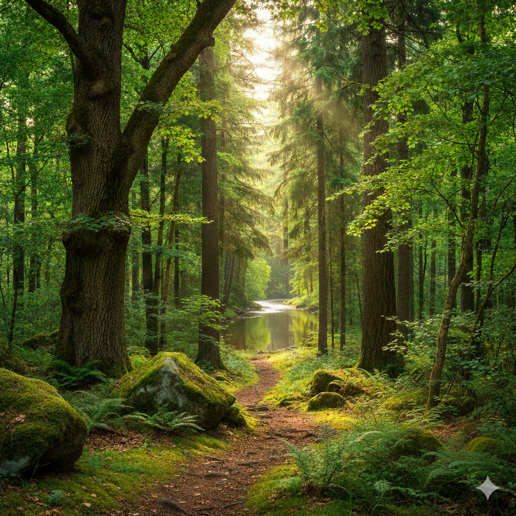 A lush green forest with a narrow dirt path leading toward a small pond, sunlight filtering through the trees.