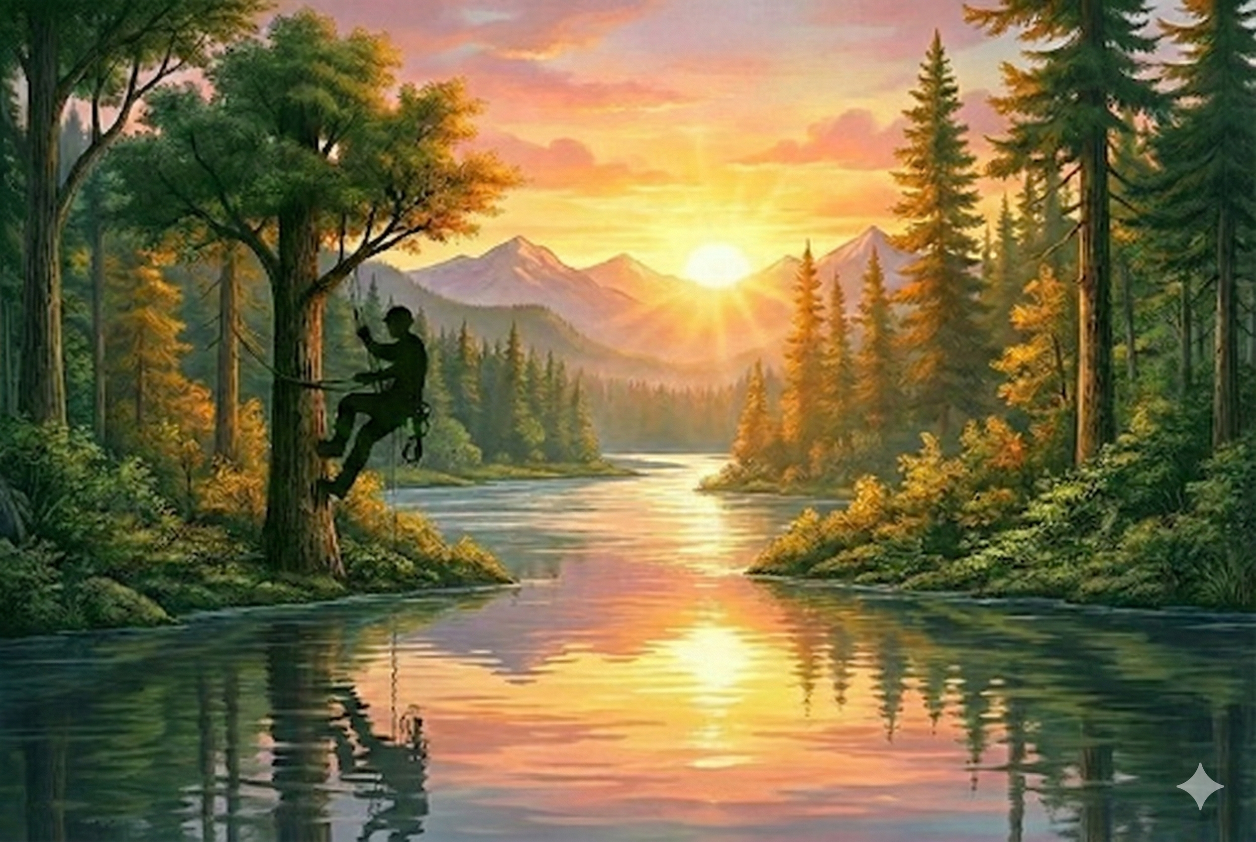 A painting of a person fishing from a tree by a river during sunset, surrounded by a forest with mountains in the background.