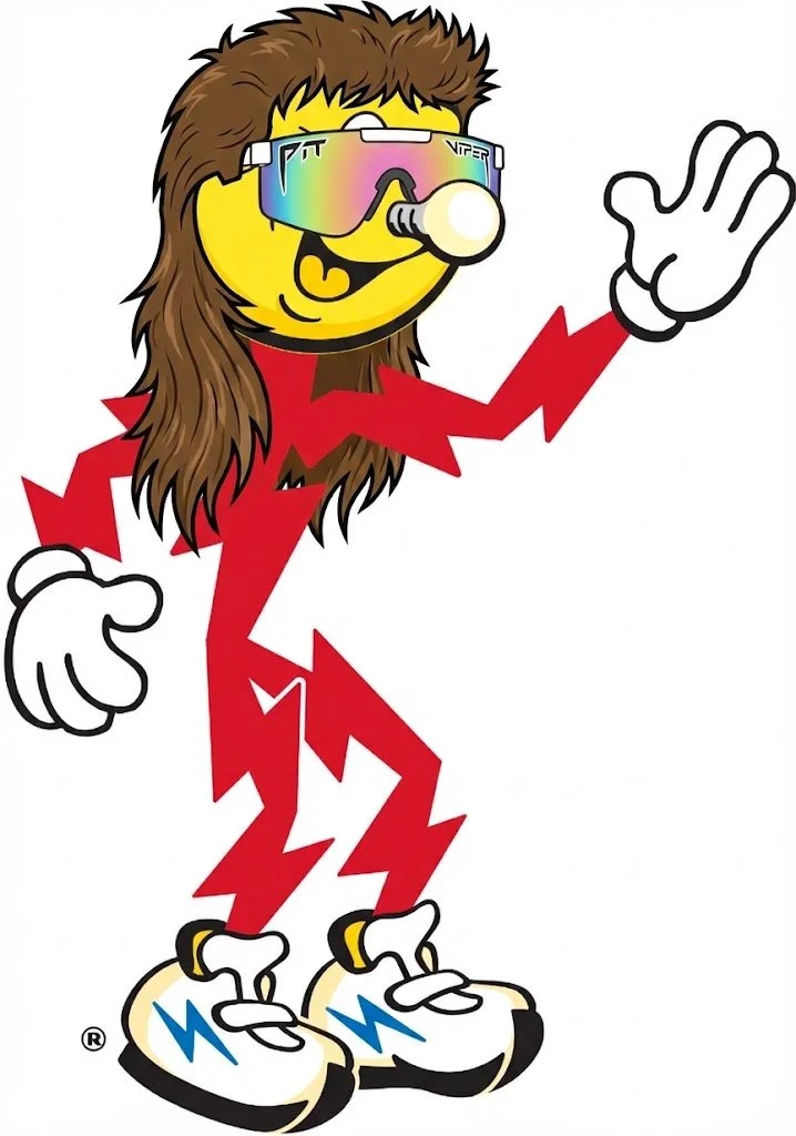 Cartoon character with a mullet wearing Pit Viper sunglasses, a lightbulb for a nose, white gloves, and sneakers with blue lightning symbols. The character's body is depicted as red lightning bolts and appears to be animated or energetic.