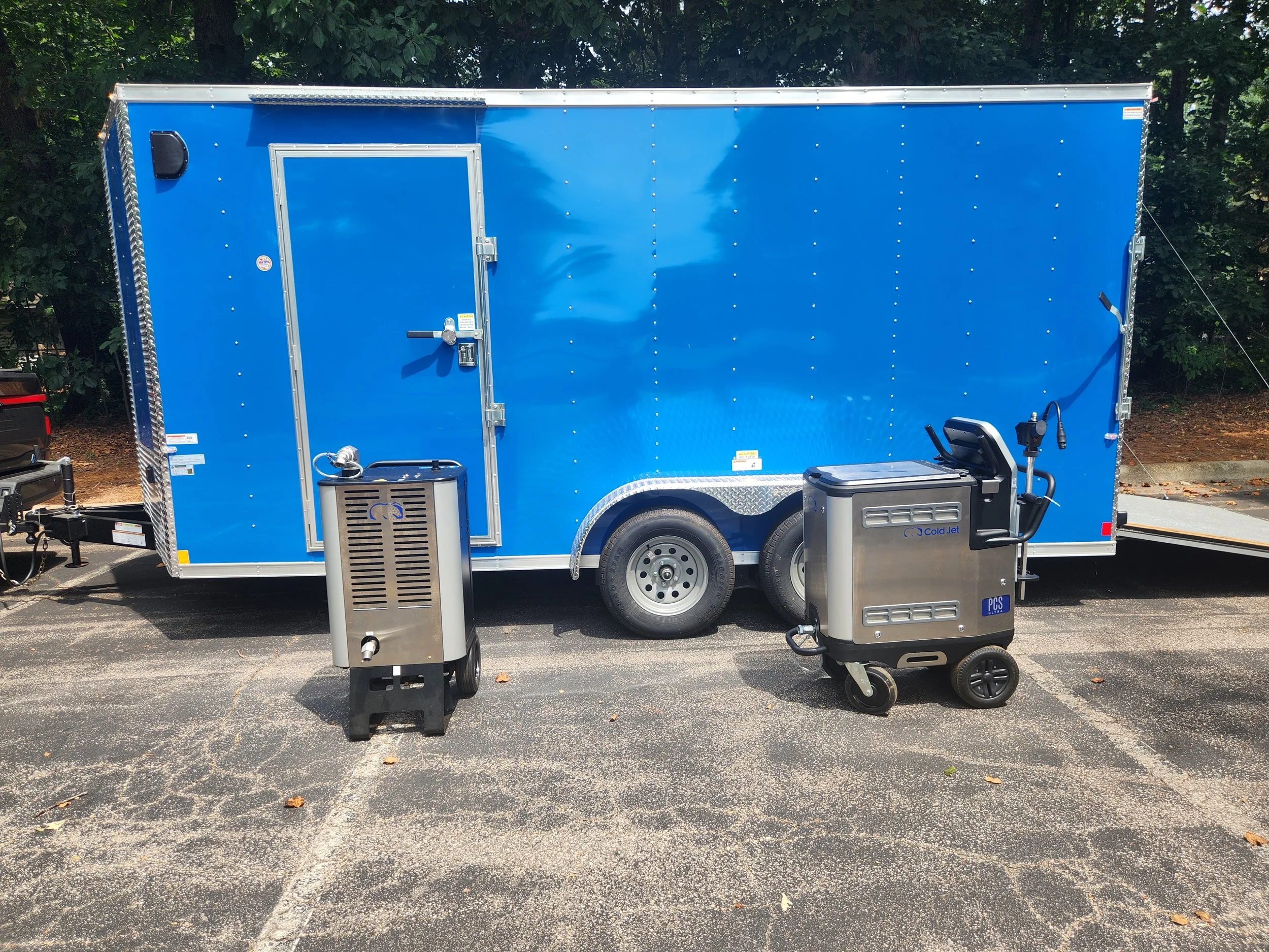 Closer shot of the trailer and the Cold Jet Aero2 PCS Ultra and Cold Jet AC300 aftercooler. In between the two will be a Super Dry desiccant air dryer and a Cold Jet water separator. This set up will keep the air at the proper temperature as well as 