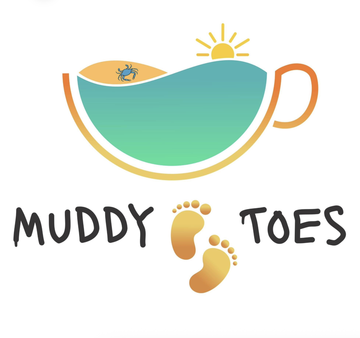 A graphic of a cup filled with water, a small crab on a beach, a shining sun, and the words "Muddy Toes" with a footprint illustration below.