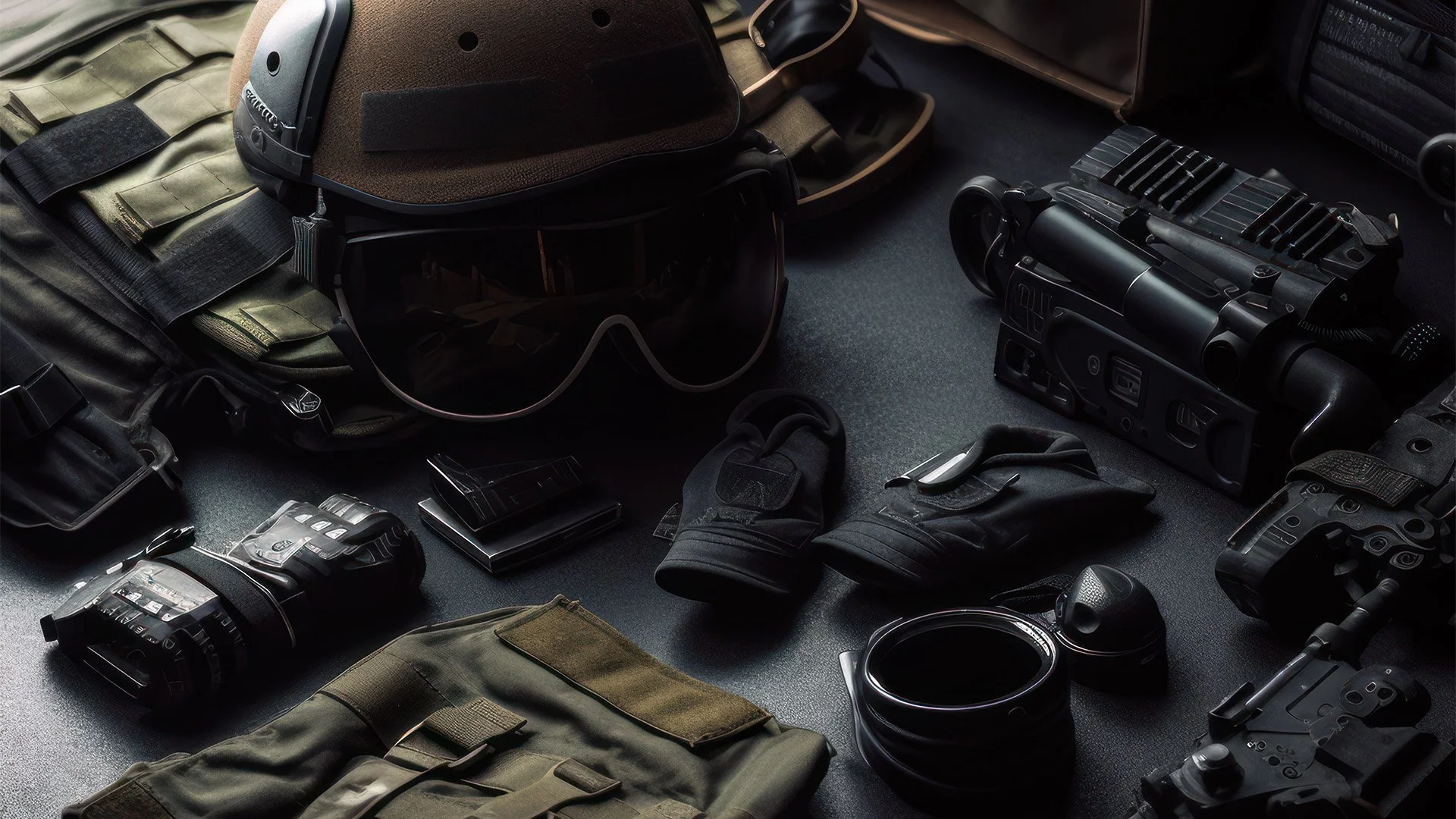 Various tactical and electronic gear laid out on a dark surface, including helmets, gloves, a drone, night vision goggles, and communication devices.