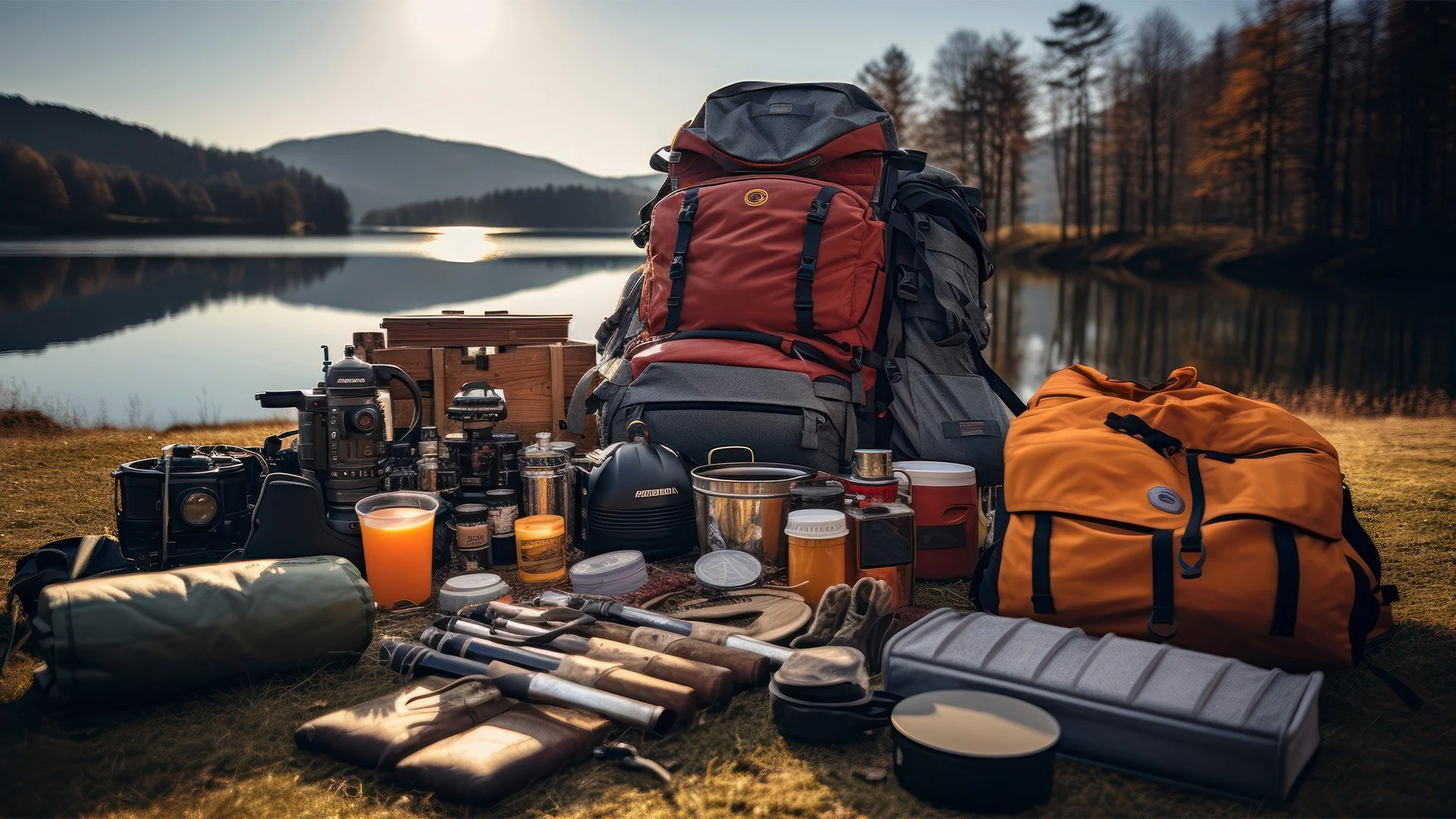 Camping gear including backpacks, sleeping bag, cooking supplies, and outdoor equipment set on grass near a lake with trees and mountains in the background.
