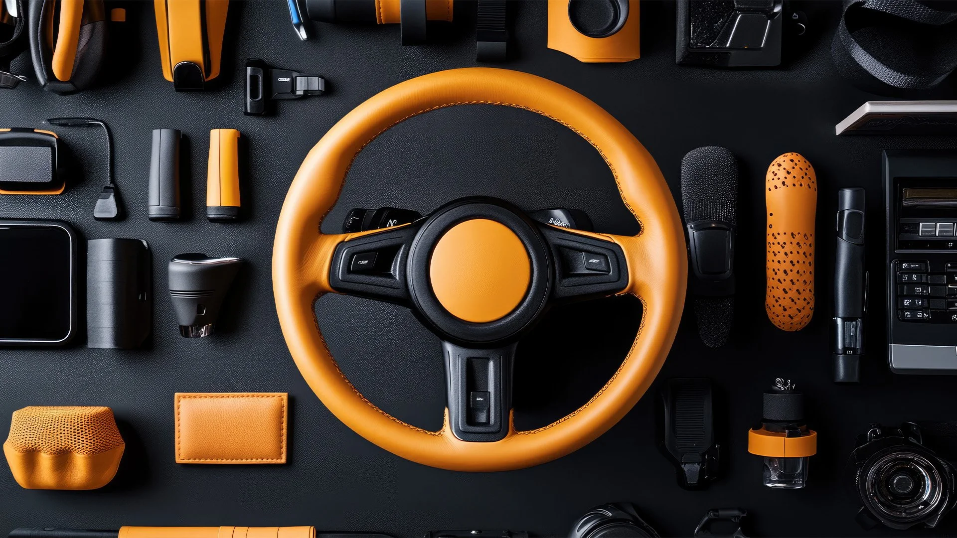 Collection of black and orange electronic accessories and gadgets on a black surface, with a prominent orange and black steering wheel at the center.