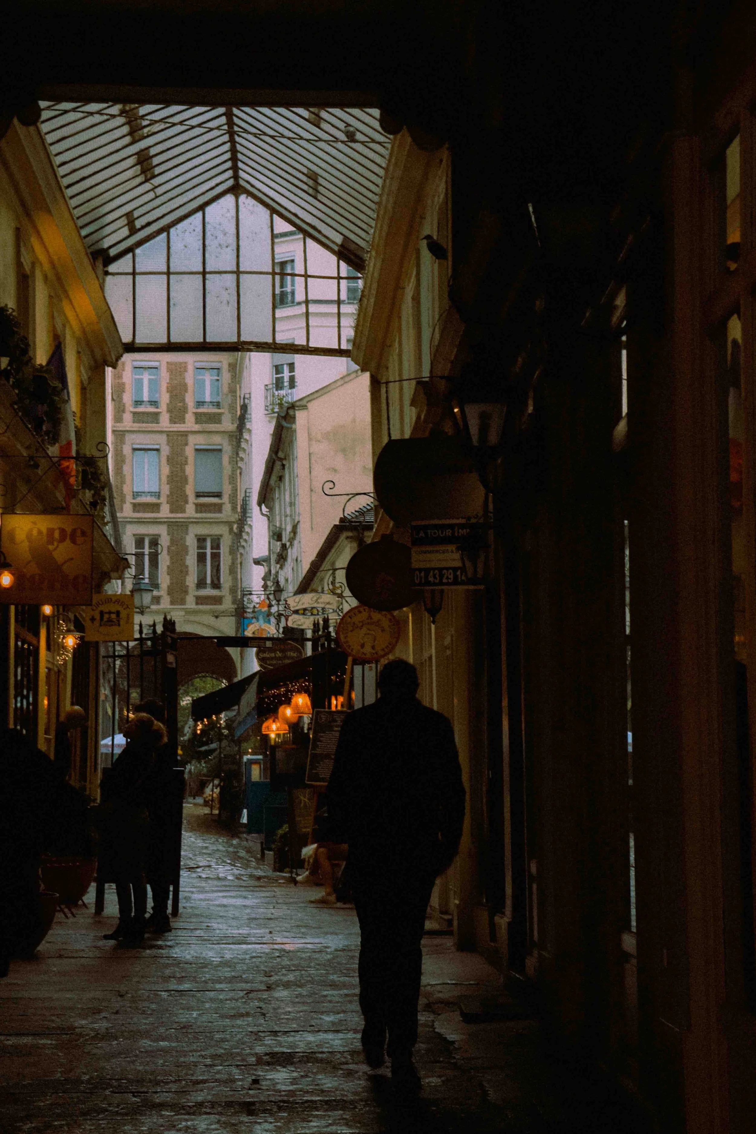 A man walking down a narrow, cobblestone street lined with shops and restaurants in Paris, France, during the evening with dim lighting and a glass roof overhead.