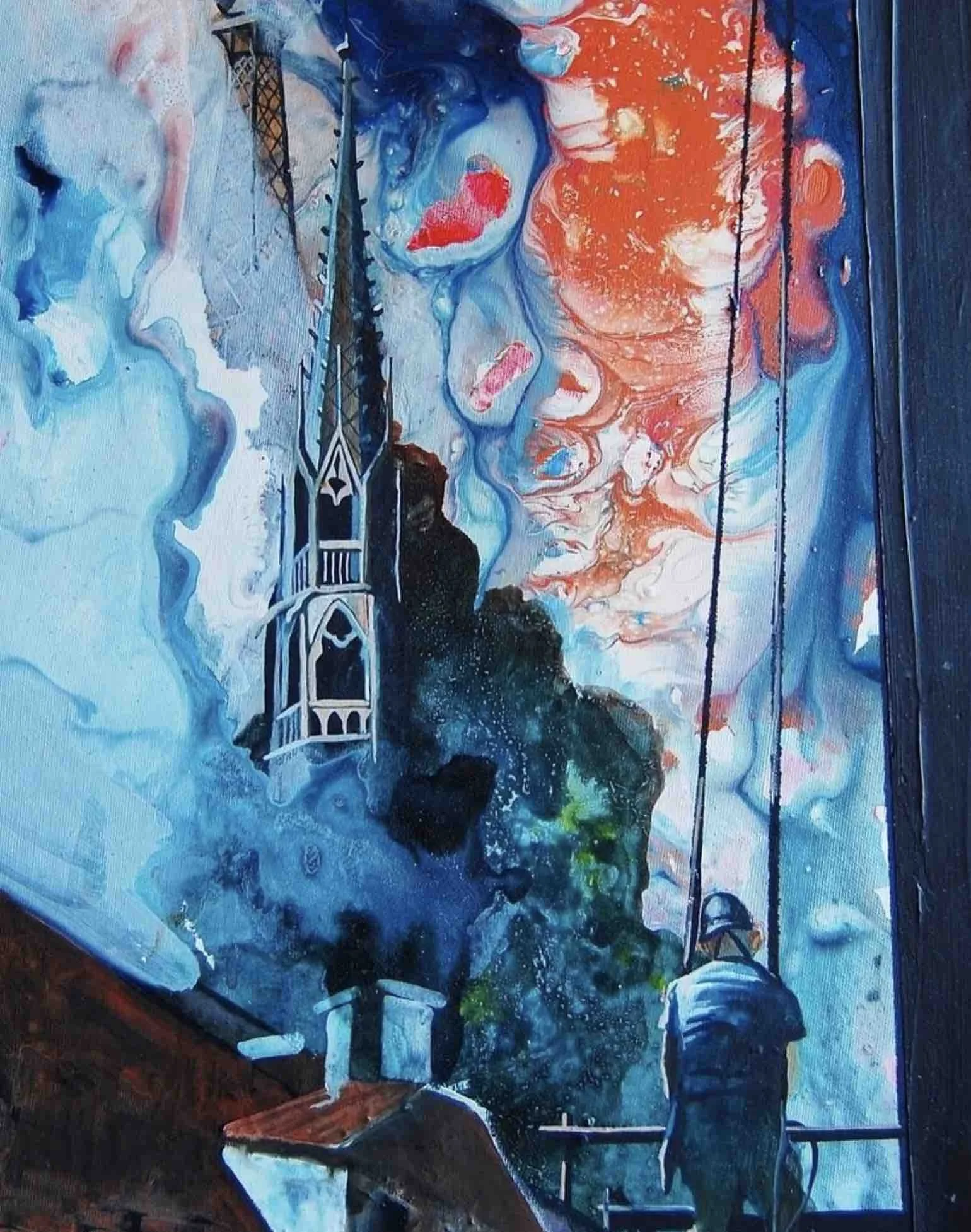 A colorful mural depicting a person sitting on a swing, overlooking a cityscape with the burning Notre Dame Cathedral in the background with swirling clouds, and a vibrant sky with orange, blue, and teal hues.