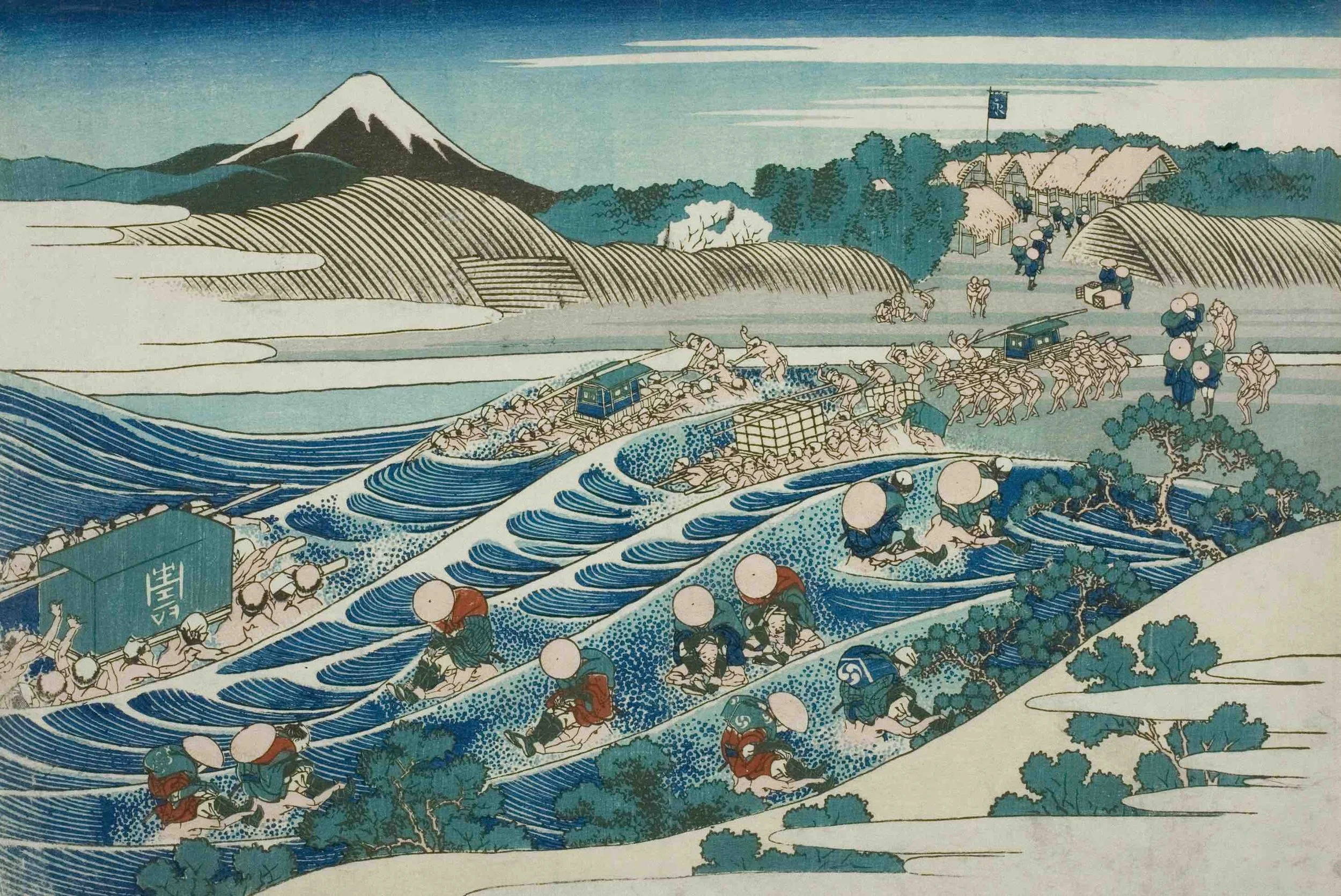 Traditional Japanese woodblock print depicting farming, with workers planting rice in flooded fields, Mount Fuji in the background, and a rural village with thatched-roof houses.