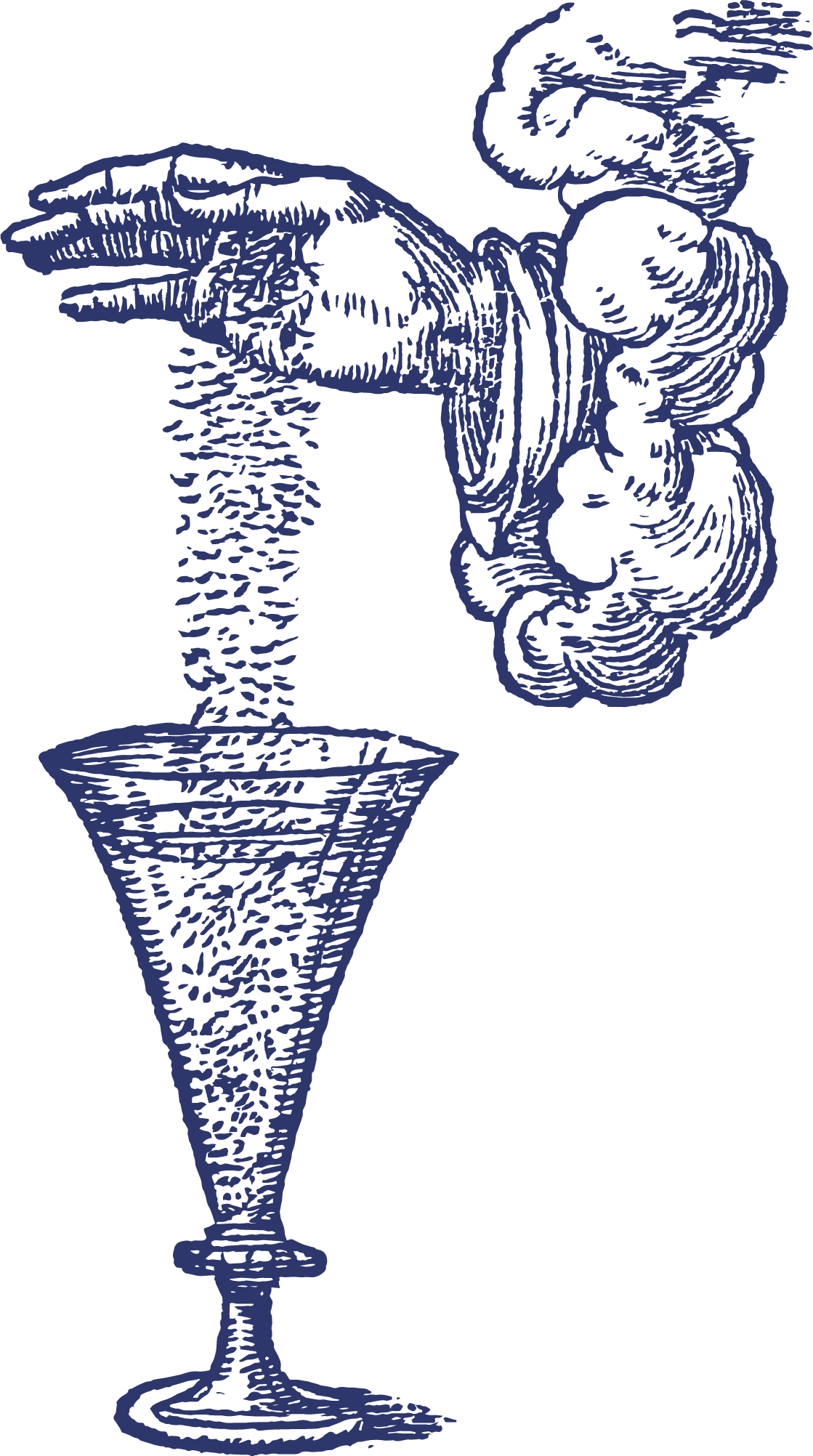 A blue sketch of water pouring from a hand into an ornate cup, depicted in a stylized, engraved style.