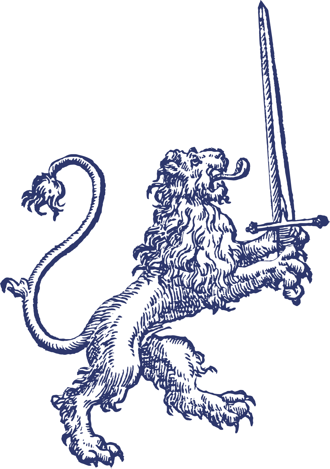 Illustration of a fierce lion holding a sword and a shield, with a raised paw and a flowing mane, depicted in dark blue on a black background.