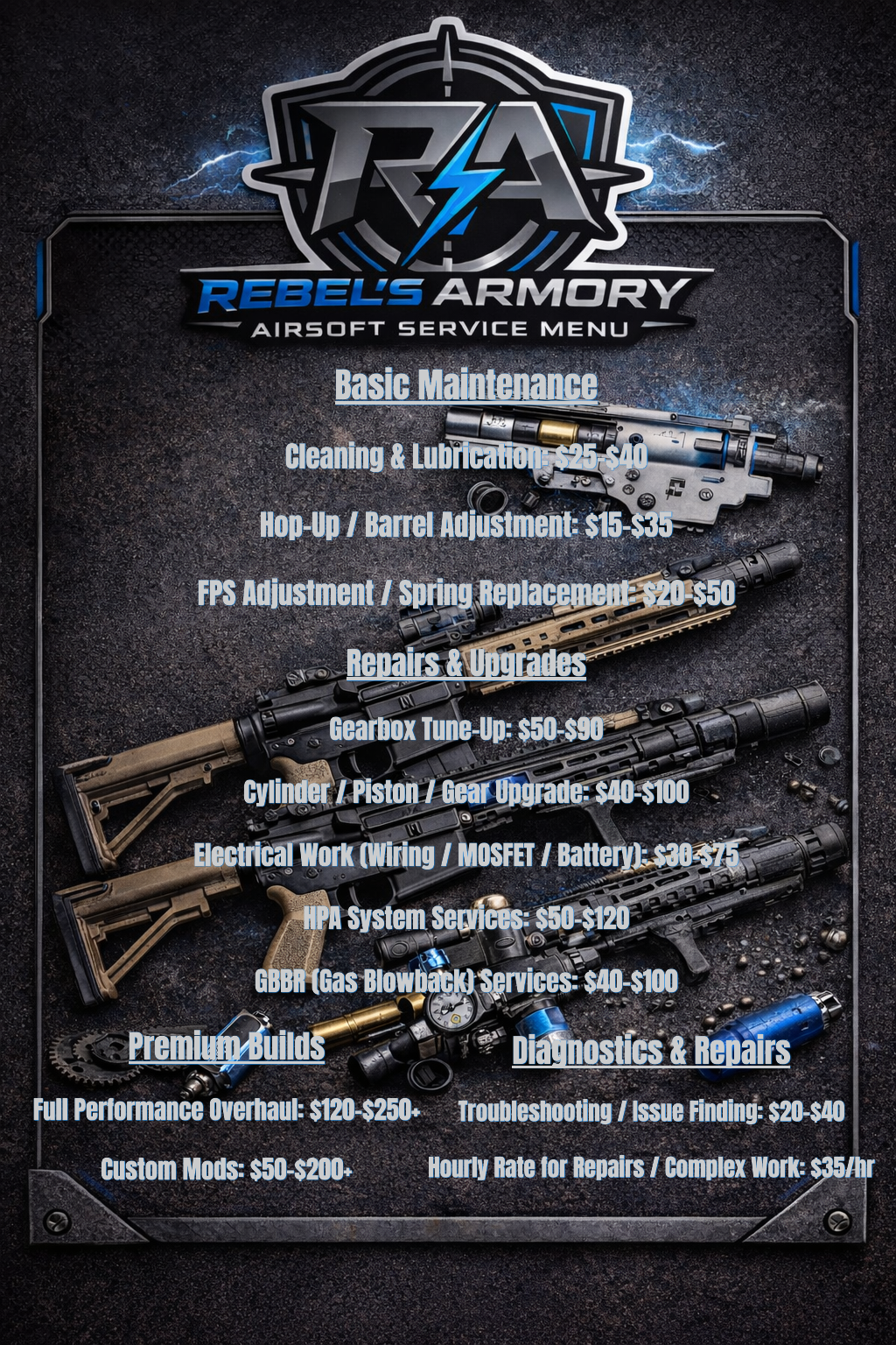 Rebel's Armory airsoft service menu featuring a background image of airsoft guns with text overlay listing basic maintenance, repairs, upgrades, premium builds, diagnostics, and repairs with prices.