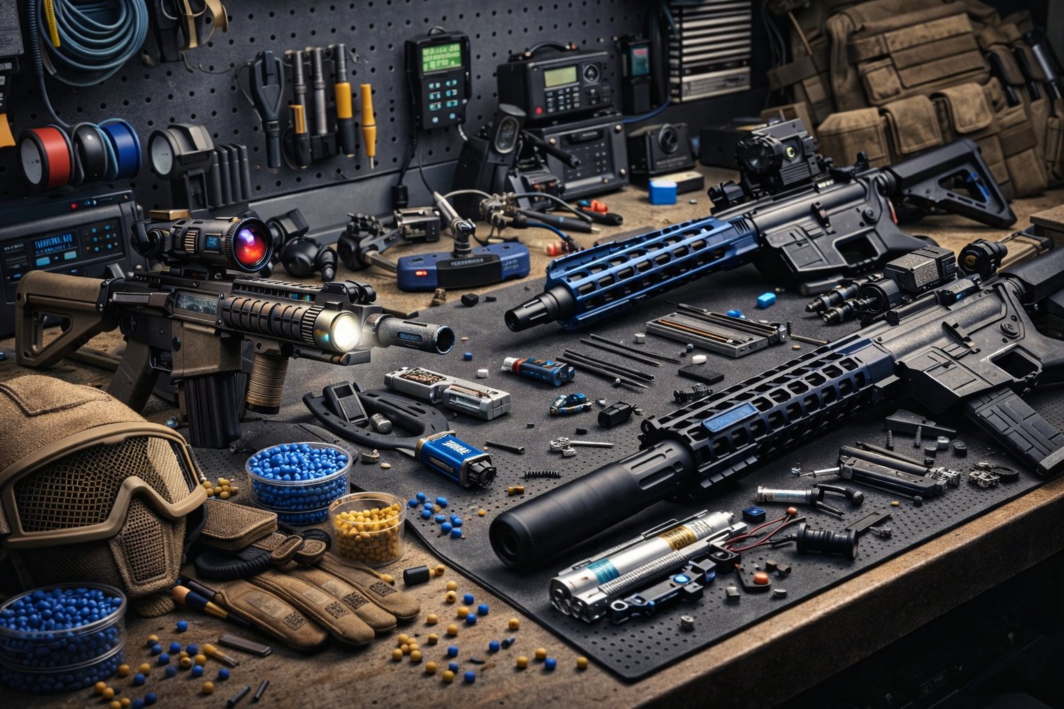 A airsoft workshop workbench with various replicas, airsoft accessories, tools, and bbs, along with airsoft gear like earmuffs and gloves.