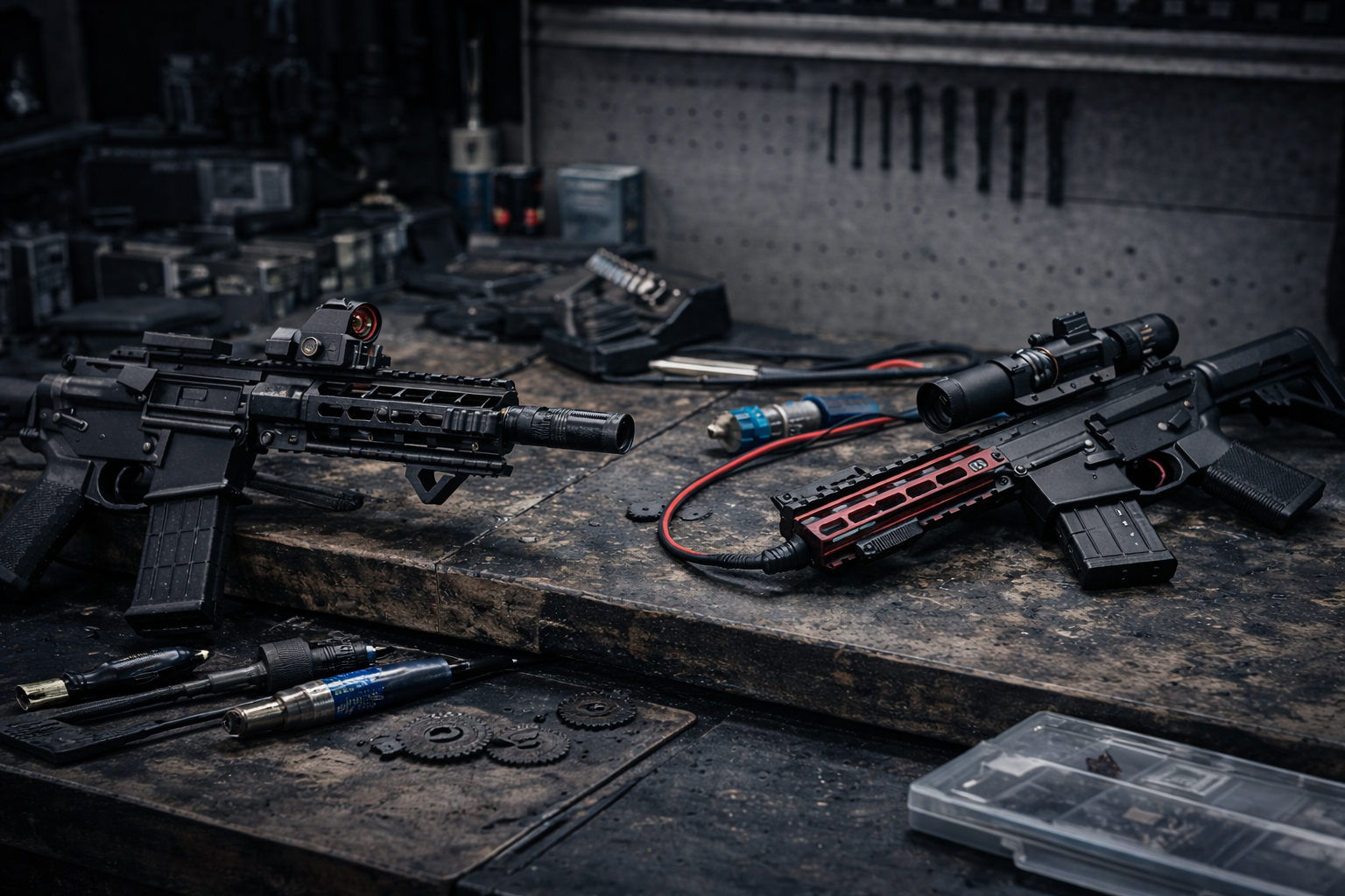 A workbench with disassembled airsoft and airsoft parts, including scopes, magazines, and tools, in a workshop setting.