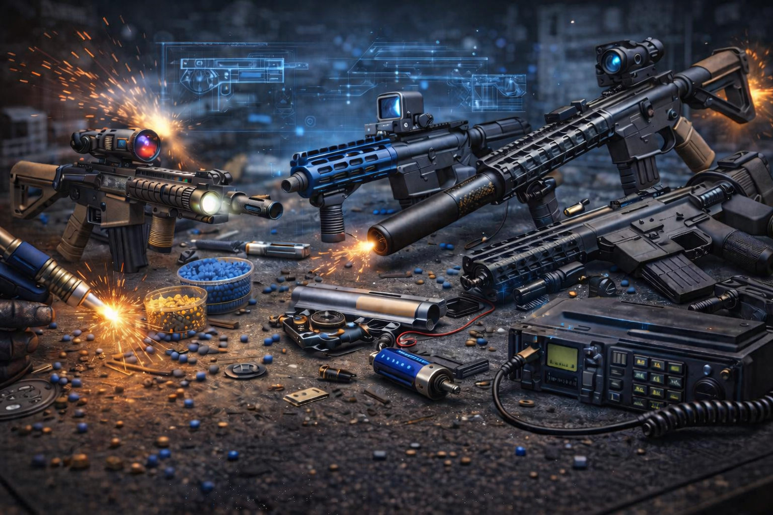Multiple airsoft and airsoft accessories on a dirty surface, with digital hologram display in the background, and scattered blue and yellow ammunition on the ground.