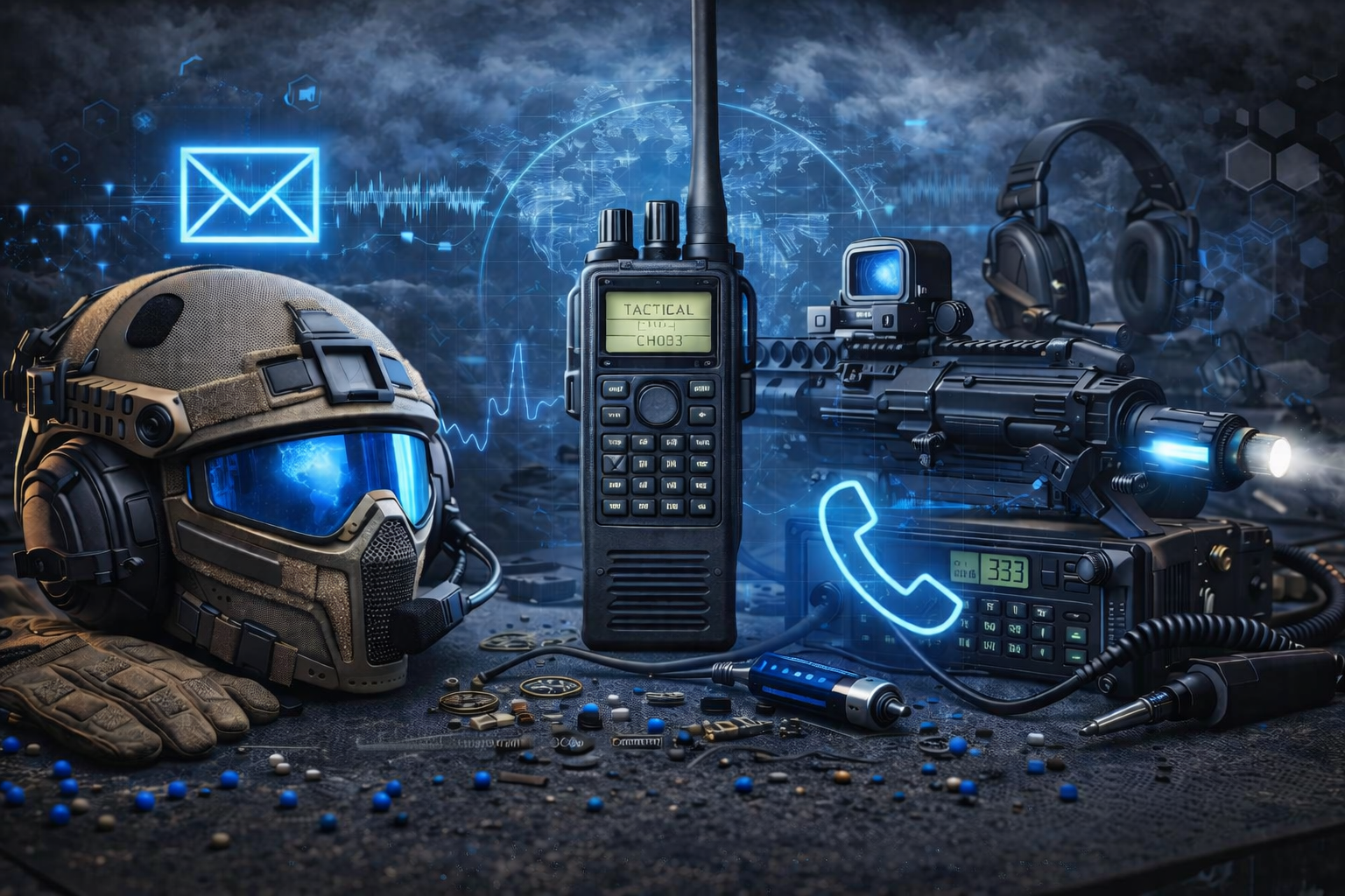 Military communication equipment including a helmet with a headset, a tactical radio, a sniper rifle with a scope, a pair of tactical goggles, a handgun, various small gear, and pills on a surface with digital holographic graphics in the background.