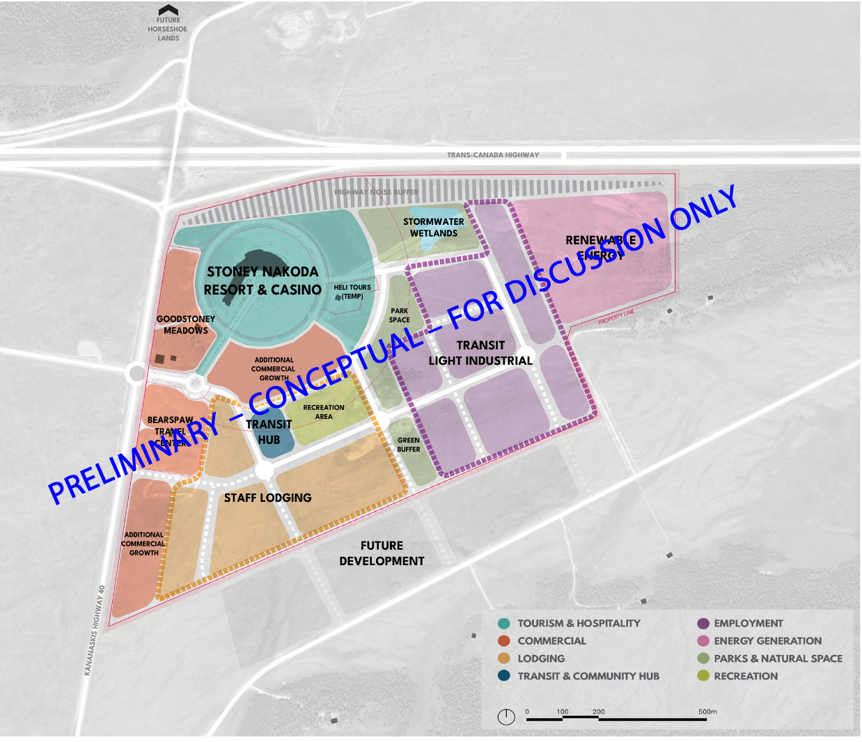 Conceptual map of a future development area featuring zones for tourism and hospitality, commercial, lodging, employment, energy generation, parks and natural space, recreation, and transit and community hub, with labels for streets and highways.