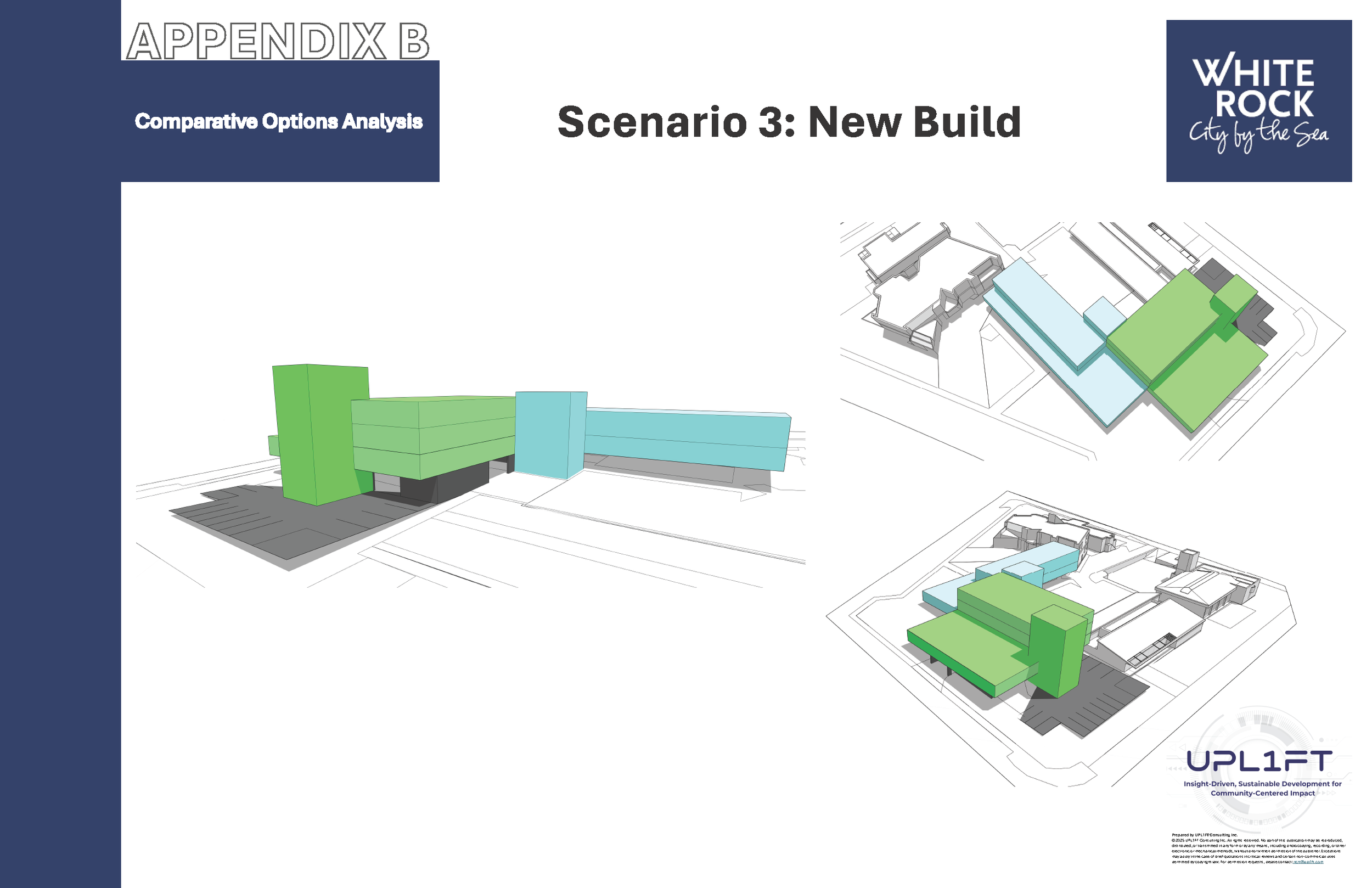 Design diagrams and models of a proposal for a new building layout called Scenario 3, part of the Appendix B comparative options analysis for White Rock City by the Sea, with the UPLIFT logo and tagline at the bottom.