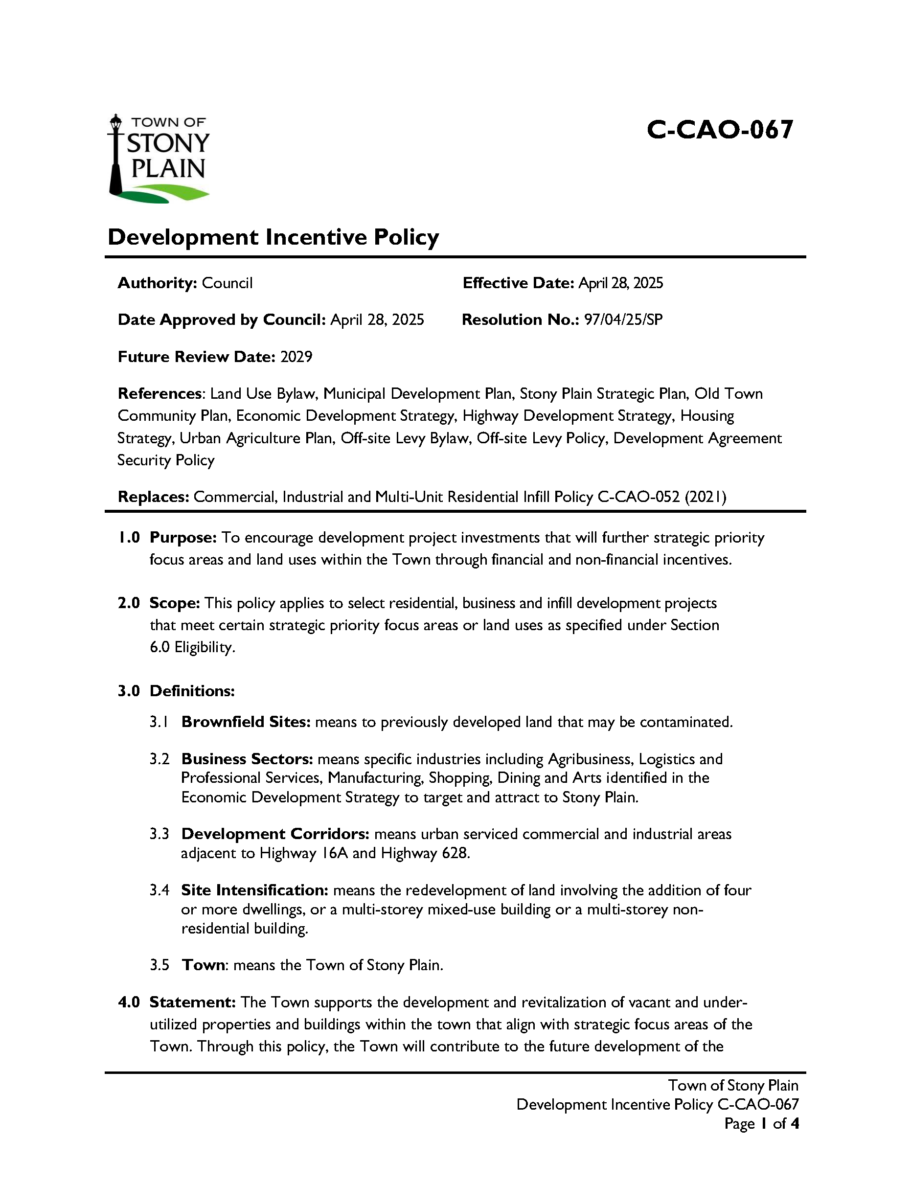 Official document titled 'Development Incentive Policy' from the Town of Stony Plain, dated April 28, 2025, includes policy details, references, scope, definitions, and purpose.