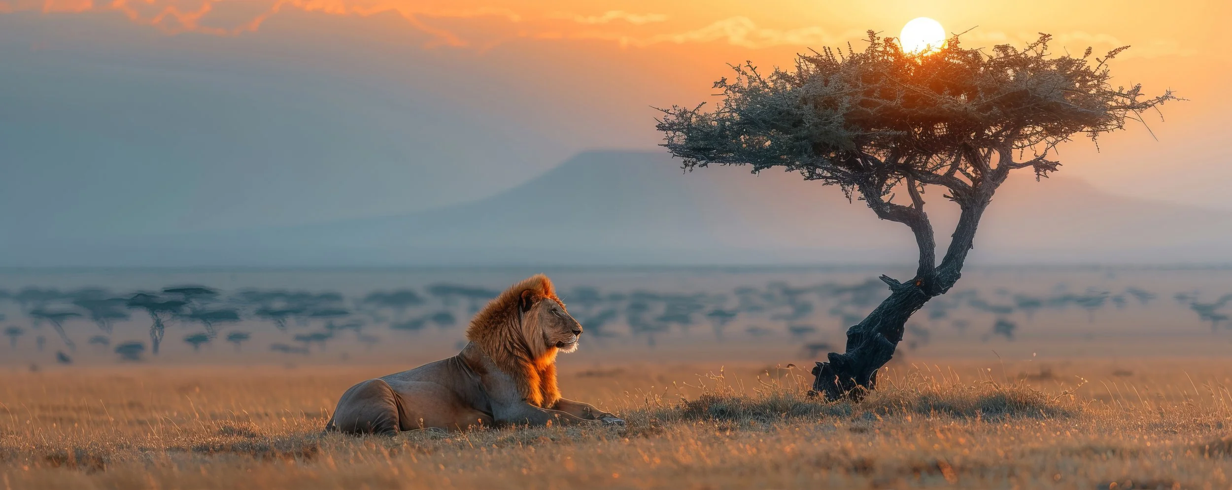 A lion resting on the grassy savannah at sunset, with a lone tree nearby and distant mountains in the background.
